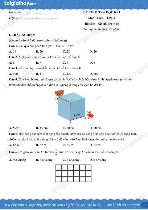 Đề kiểm tra học kì 1 Toán 3 Kết nối tri thức - Đề số 8